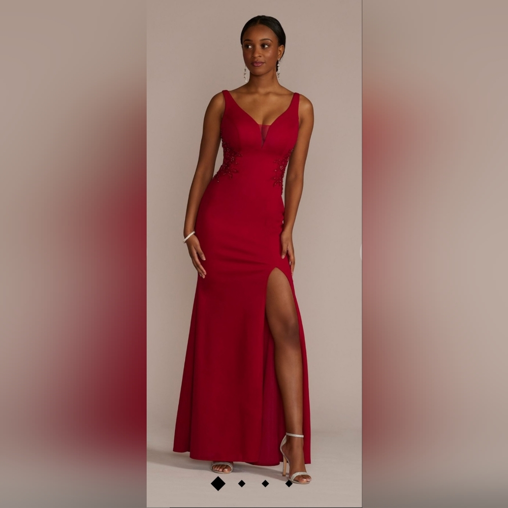 Crepe sheath gown with side illusion and slit